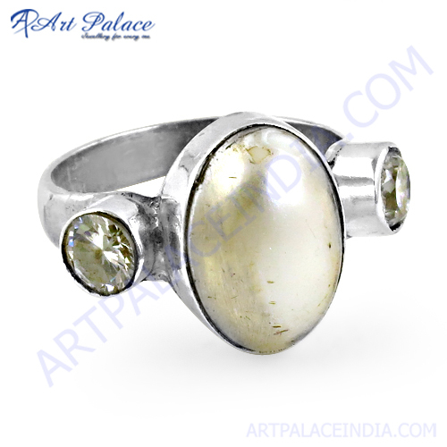 Famous Style Shell & Cubic Zirconia Gemstone Silver Ring