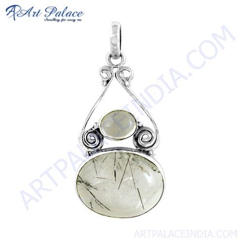 New Unique Black Rutile & Crystal Gemstone Silver Pendant, 925 Sterling Silver Jewelry