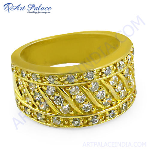 Party Wear Gold Plated Silver Ring With Cubic Zirconia