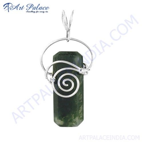 Spiral Design Mossagate Gemstone Silver Pendant