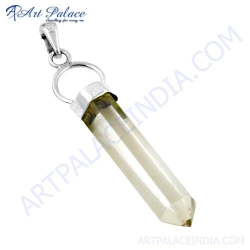 Pencil Style Crystal Gemstone Silver Pendant, 925 Sterling Silver Jewelry