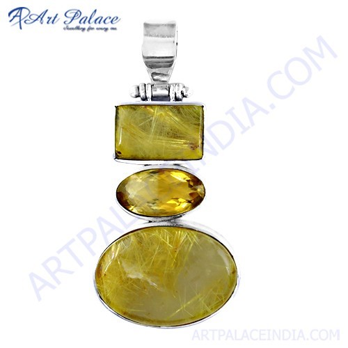Ingenious Citrine & Golden Rutile Gemstone Silver Pendant
