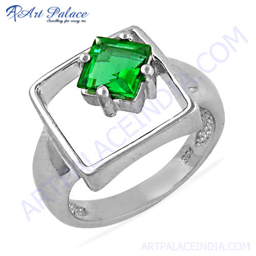 Square Shape Green Cubic Zirconia 925 Sterling Silver Ring