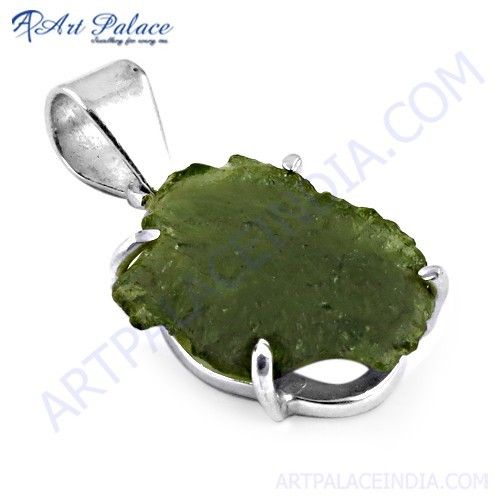 Precious Antique Moldavite Gemstone Silver Pendant