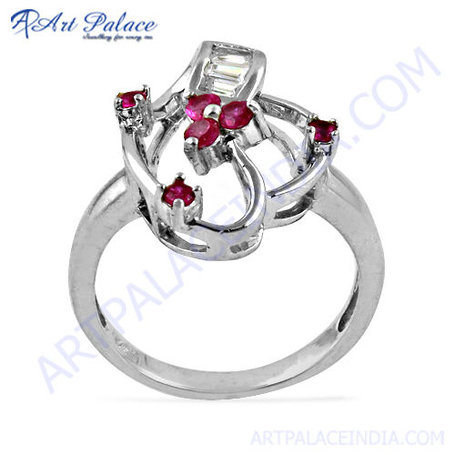 Precious Antique Style Pink & White CZ Silver Ring