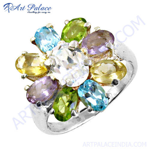Pretty Flower Style Multi Gemstone Silver Ring