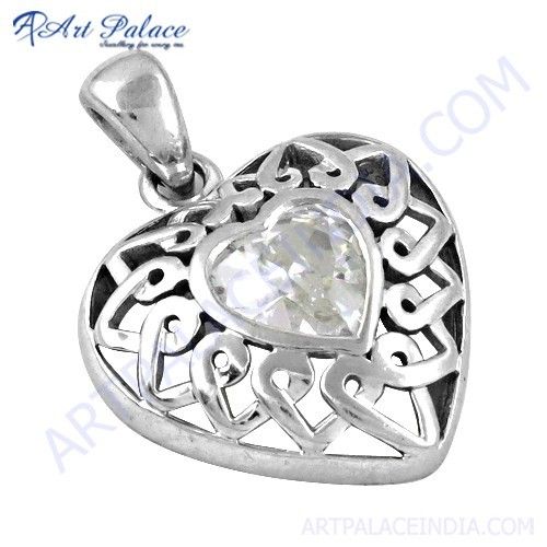 Heart Style Fret Work CZ Gemstone Silver Pendant