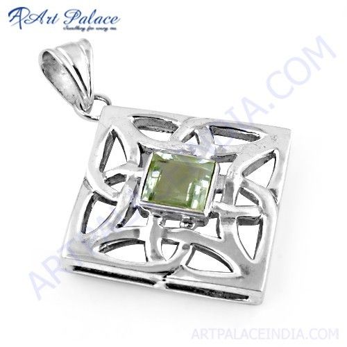 Indian Fret Work Silver Green Amethyst Gemstone Pendant