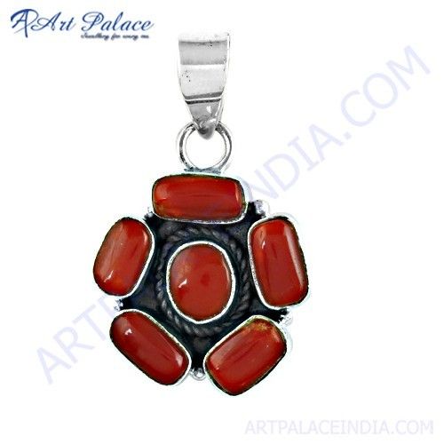 Hot Coral Gemstone Silver Pendant, 925 Sterling Silver Jewelry
