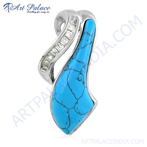 Fashionable Cz & Synthetic Turquoise Gemstone Silver Pendant