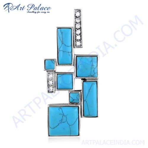 Fashion Accessories CZ & Synthetic Turquoise Gemstone Silver Pendant