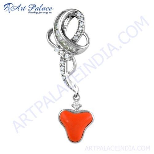 Party Wear Designer Coral & CZ Gemstone Silver Pendant, 