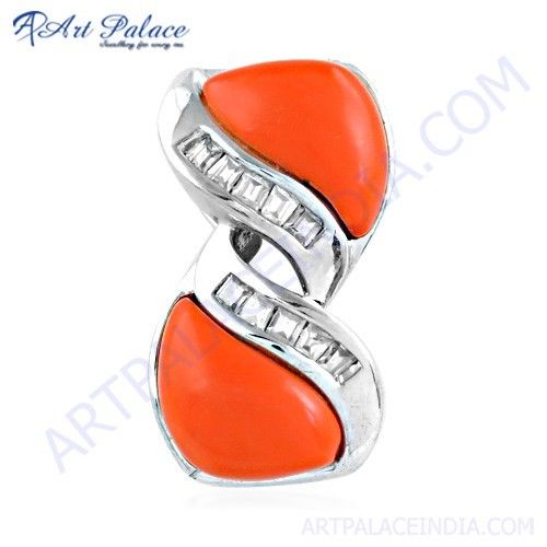 Stylish 925 Sterling Silver Pendant With Coral & CUbic Zirconia