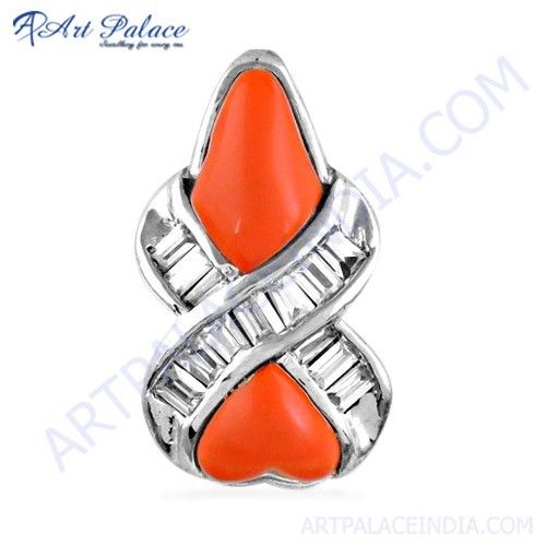 Excellent New Fashion Coral & Cz Gemstone Silver Pendant