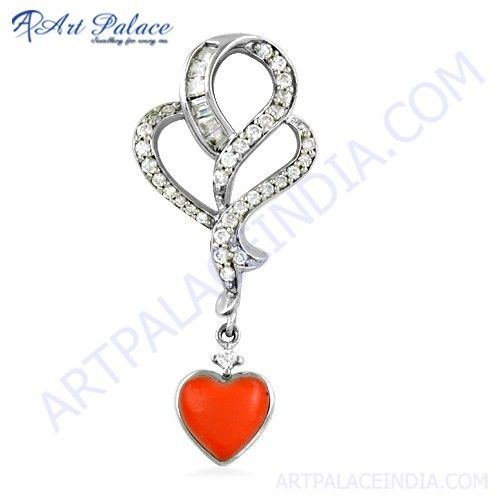 Attractive Coral & CZ Gemstone Silver Pendant In Heart Style