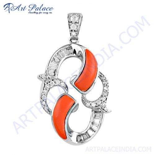 Hot Selling Coral & Cubic Zirconia Gemstone Silver Pendant