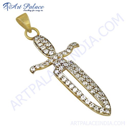 Fashionable Sword Style CZ Gemstone Gold Plated Silver Pendant