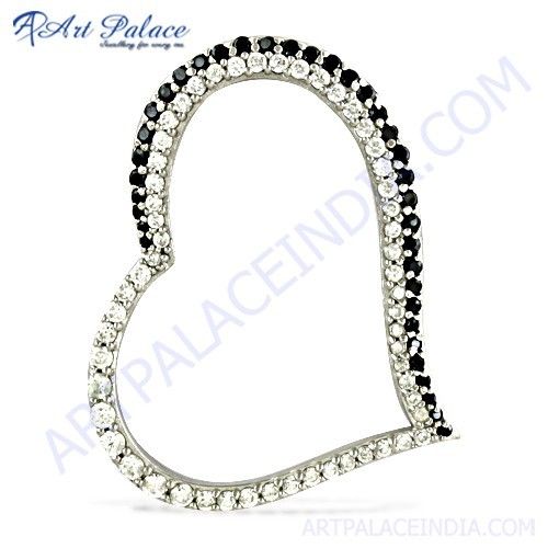 Cute Heart Style Black & White CZ Gemstone Silver Pendant