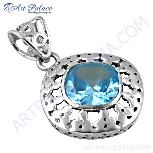 Indian Design Silver Blue Cubic Zirconia Gemstone Pendant