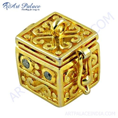 Unique Box Style CZ Gold Plated Silver Pendant