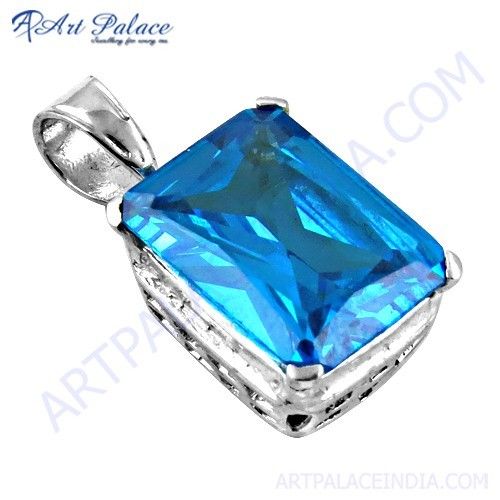 Classy Blue Cubic Zirconia Gemstone Silver Pendant