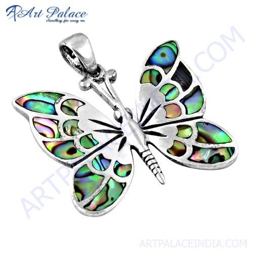 Beautiful Butterfly Silver Pendant With Inley