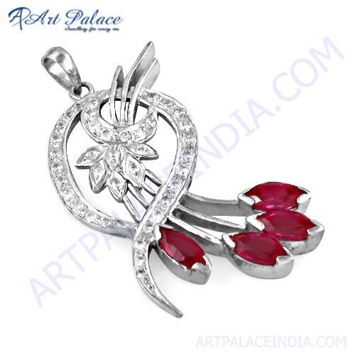 Fantastic Fashionable Pink & White Cubic Zirconia Gemstone Silver Pendant