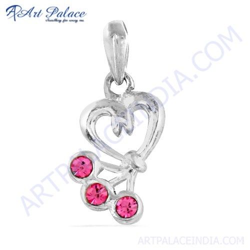 Cute Heart Style Silver Pendant With Pink Cubic Zirconia