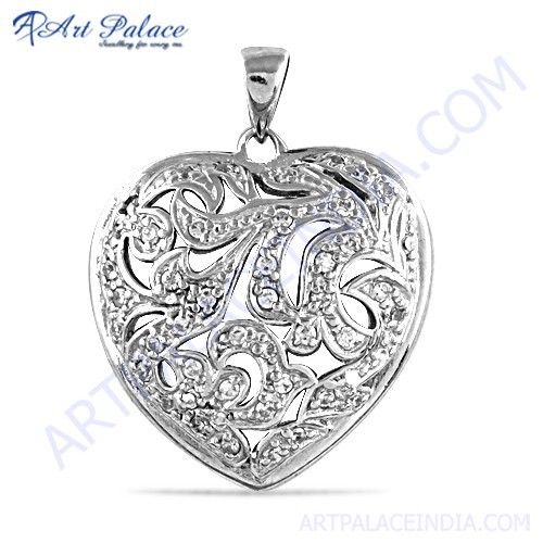 Designer Heart Style Cubic Zirconia Gemstone Silver Pendant