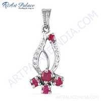 Party Wear Designer Pink & White Cubic Zirconia Silver Pendant - Gender: Women