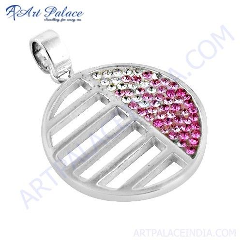 Lovely Pink & White CZ Fret Work Silver Pendant, 925 Sterling Silver Jewelry