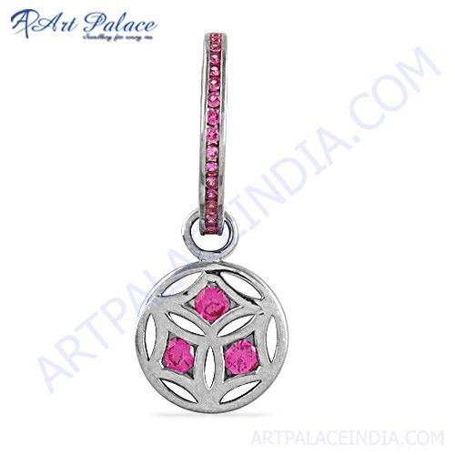 Fret Designer Silver Pendant With Pink Cubic Zirconia