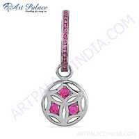 Fret Designer Pink Cubic Zirconia Pendant - 925 Sterling Silver, 19x22 Mm Size, 4 Grams Weight, Elegant Solitaire Design For Women