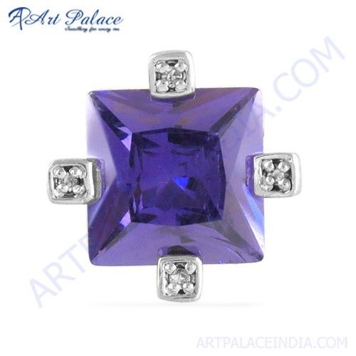 Attractive Square Shape Amethyst Zircon Gemstone Silver Pendant