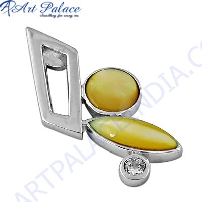 Expensive Mother Of Pearl & Cubic Zirconia Gemstone Silver Pendant