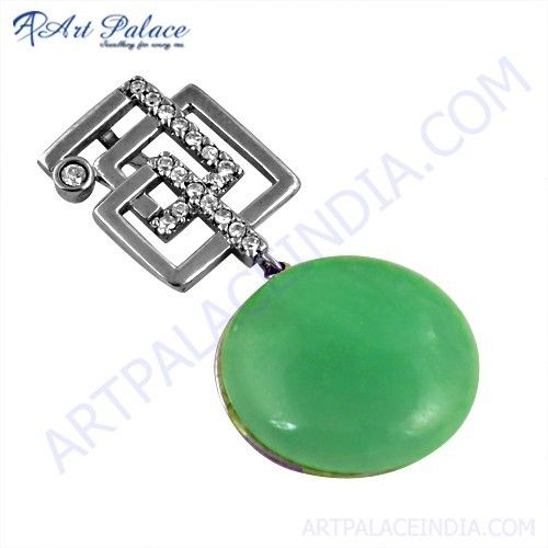 Expensive Green Aventurian & Cubic Zirconia Gemstone Silver Pendant