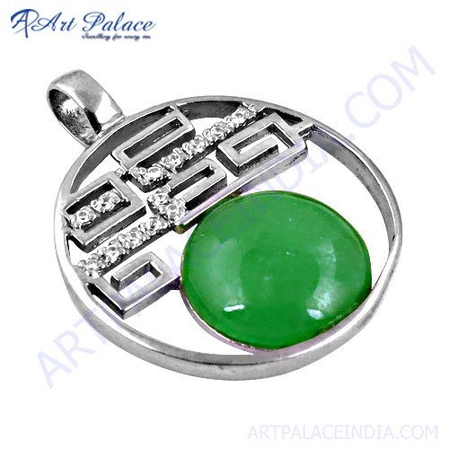 Fashionable Green Aventurian & Cubic Zirconia Gemstone Fret Work Silver Pendant - Hardness: Yes