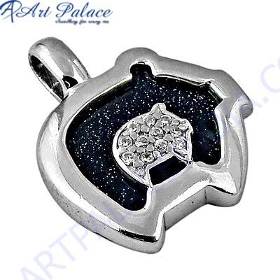 Fashionable Blue Sandstone & Cubic Zirconia Gemstone Silver Pendant