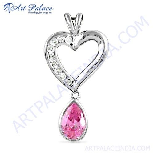 Lovely Heart Style White & Pink Cz Gemstone Silver Pendant 