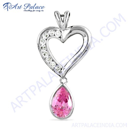 Lovely Heart Style White & Pink Cz Gemstone Silver Pendant