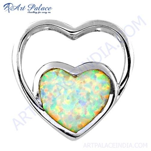 Dual Heart Style Inley Gemstone Silver Pendant