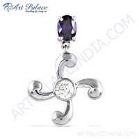 Amethyst Zircon & Cubic Zirconia Pendant - 23x34 Mm, 925 Sterling Silver With Oval & Round Stones, Elegant Party Jewelry For Women