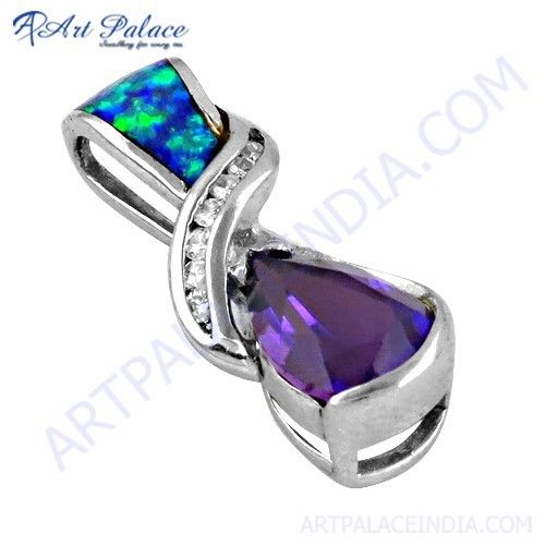 Attractive Amethyst, Cz & Inley Gemstone Silver Pendant