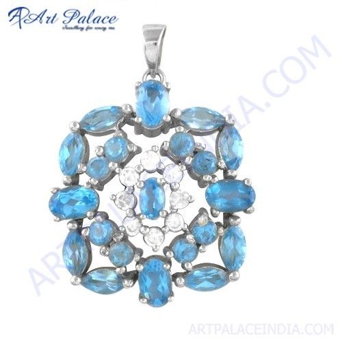 Charming Blue & White Cz Gemstone Silver Pendant