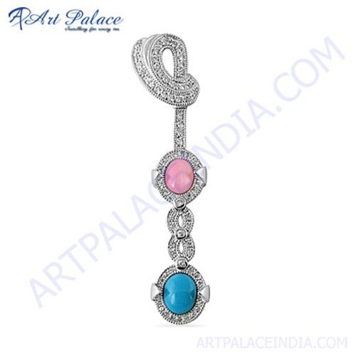 Luxury Pink Cz & Pink Glass & Synthetic Turquoise Silver Pendant 