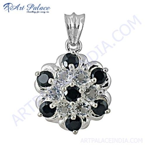 Traditional Flower Style Black & White Cz Gemstone Silver Pendant 