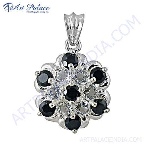 Traditional Flower Style Black & White Cz Gemstone Silver Pendant