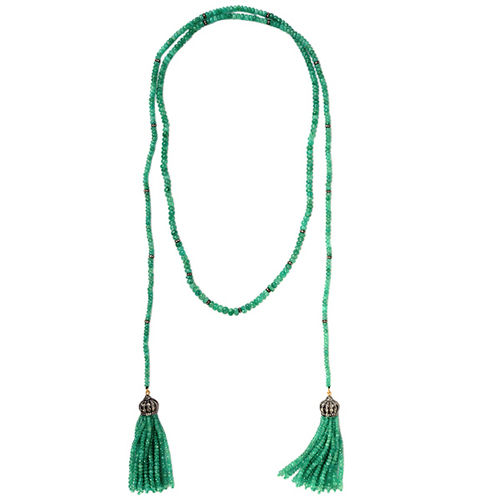 Silver 925 Emerald Gemstone Beads Tassel Necklace