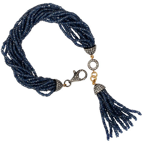 Blue Sapphire Beads Tassel Bracelet - 18k Gold Sterling Silver 182mm, 114.75cts Sapphire, Handcrafted, Lobster Clasp