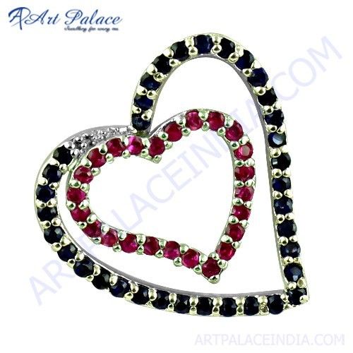 Lovely Duel Heart Ink & Pink Zirconia Gemstone Silver Pendant